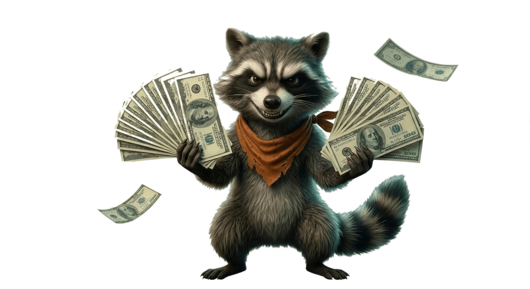 Ruckus the Raccoon grinning while holding fans of dollar bills — the money bad property management costs you
