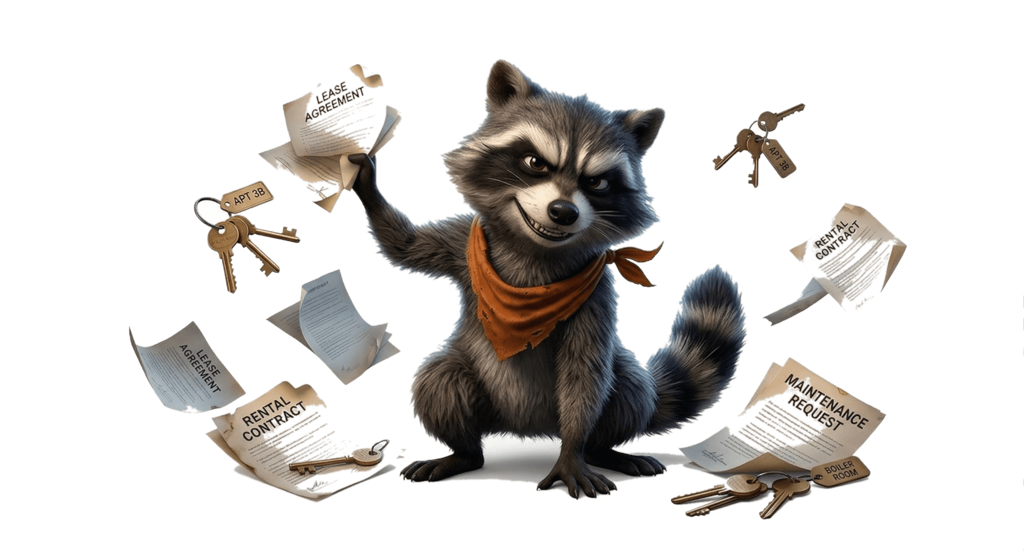 Ruckus the Raccoon surrounded by floating rental documents, lease agreements, and maintenance requests — landlord chaos personified