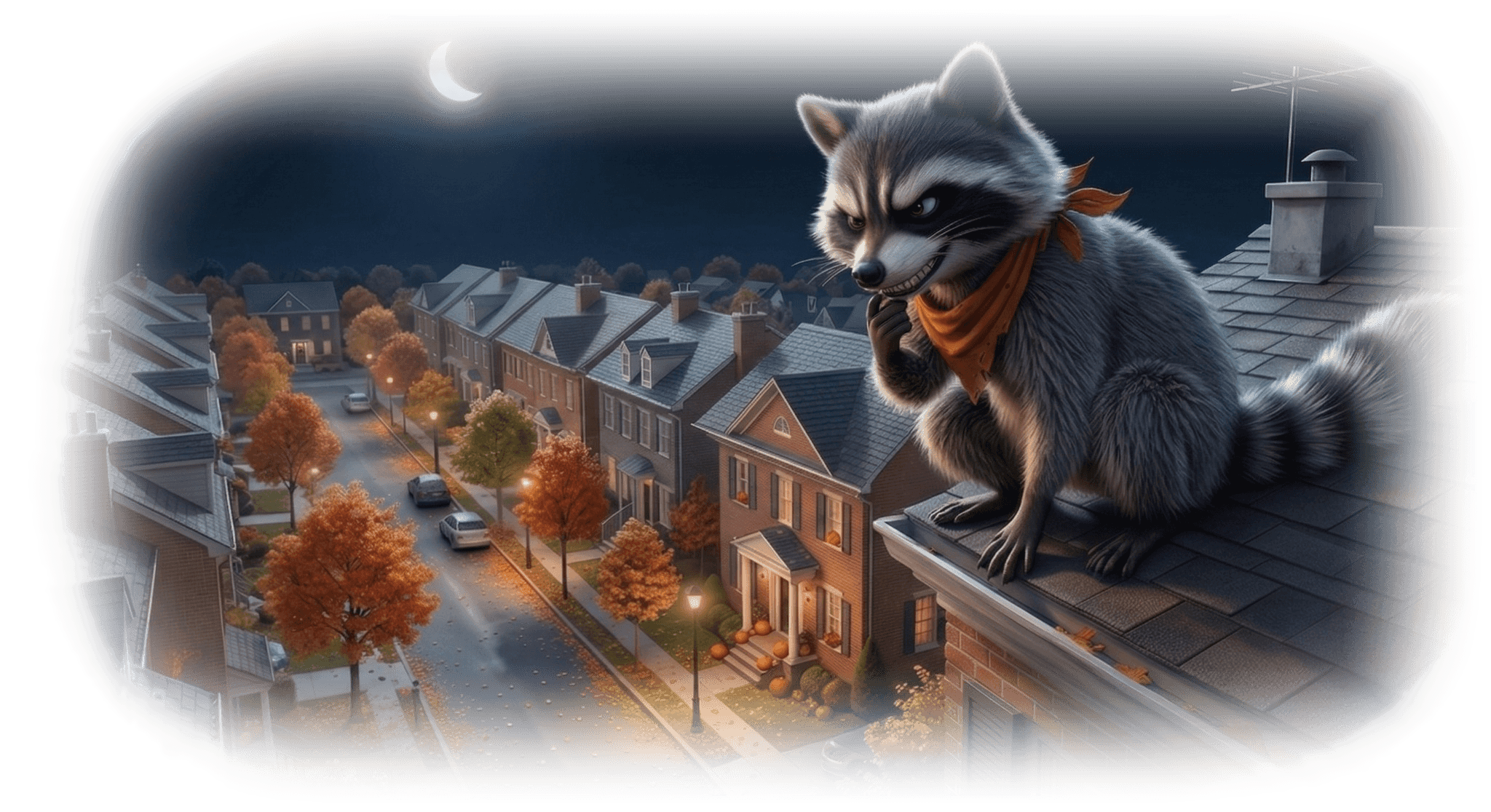 Ruckus the Raccoon on a rooftop overlooking Ashburn neighborhoods at night