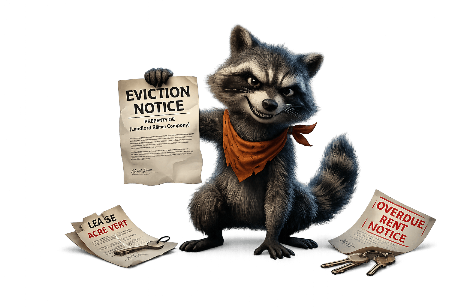 Ruckus the Raccoon holding up an eviction notice surrounded by overdue rent and lease documents