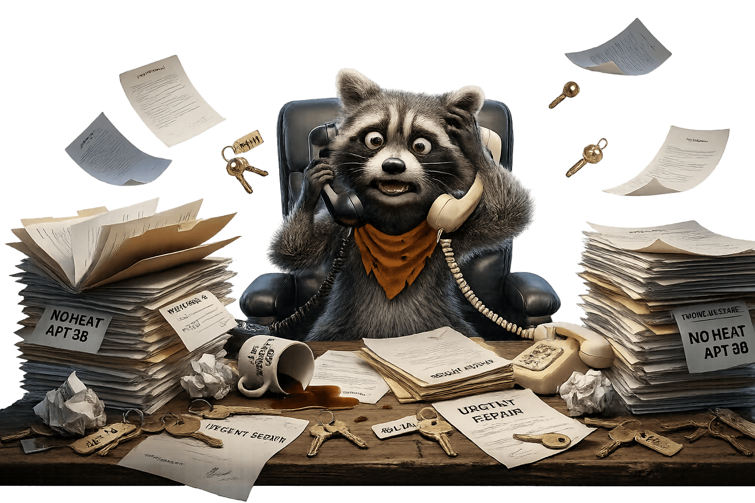 Ruckus the Raccoon overwhelmed at a desk surrounded by papers and maintenance requests