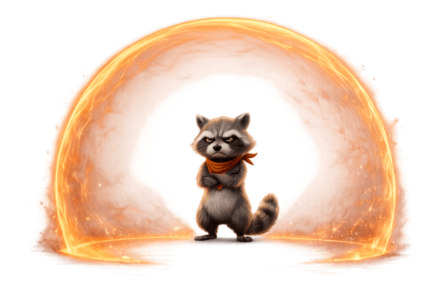 Ruckus the Raccoon tamed and standing on a pedestal under a glowing orange spotlight — neutralized by FFL guarantees